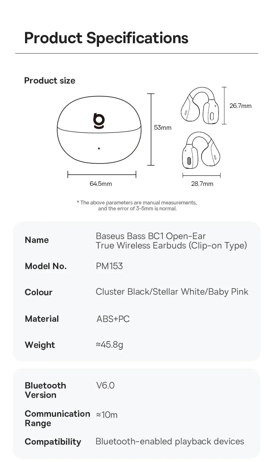 Baseus BC1 Open-Ear Clip Earbuds - Bluetooth 6.0 | 4-Mic ENC, 38Hr Battery, IP55 Waterproof, Super Bass Sport Earphones