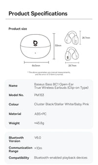 Baseus BC1 Open-Ear Clip Earbuds - Bluetooth 6.0 | 4-Mic ENC, 38Hr Battery, IP55 Waterproof, Super Bass Sport Earphones