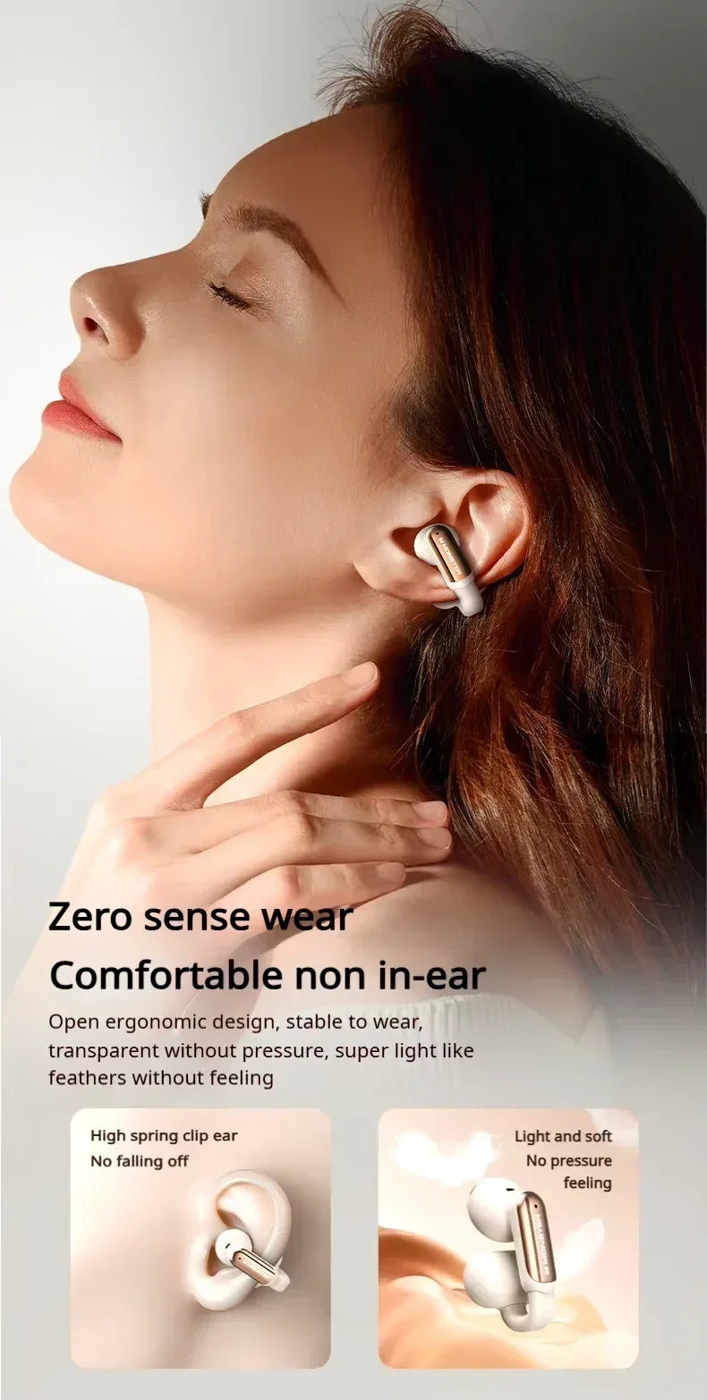 Woman wearing wireless earbuds with text highlighting comfort and design features.