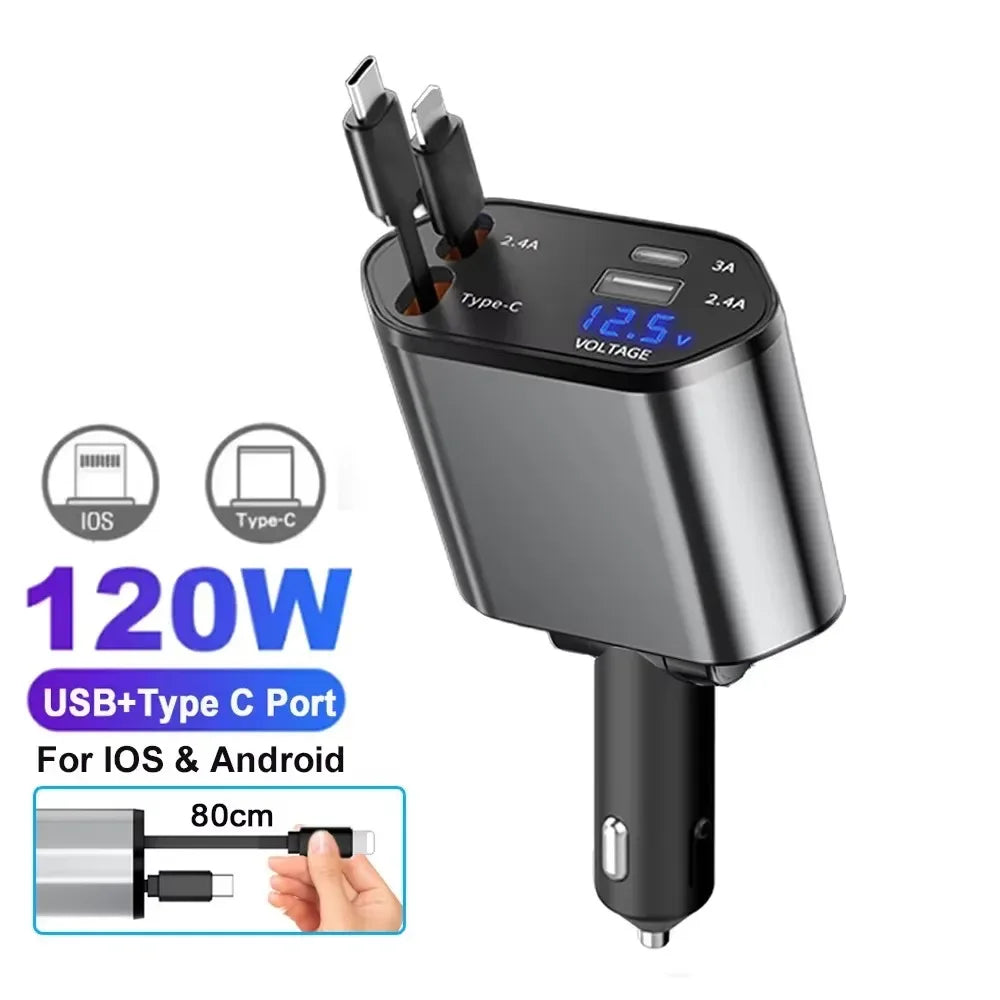4-in-1 PD30W Car Fast Charger with Retractable Cables - USB Type-C Power Adapter | 120W Max with Roof Starlight for iOS & Android