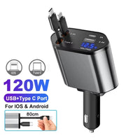 4-in-1 PD30W Car Fast Charger with Retractable Cables - USB Type-C Power Adapter | 120W Max with Roof Starlight for iOS & Android