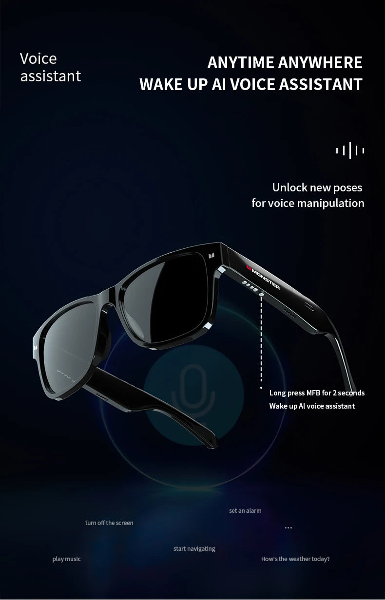 Monster Glasses S01 Bluetooth Audio Sunglasses - Wireless 5.0 Smart Eyeglasses | Open-Ear Music & Calling, Outdoor Sport, CE Certified