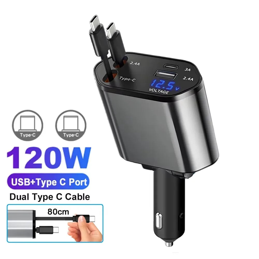 4-in-1 PD30W Car Fast Charger with Retractable Cables - USB Type-C Power Adapter | 120W Max with Roof Starlight for iOS & Android