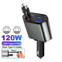 4-in-1 PD30W Car Fast Charger with Retractable Cables - USB Type-C Power Adapter | 120W Max with Roof Starlight for iOS & Android