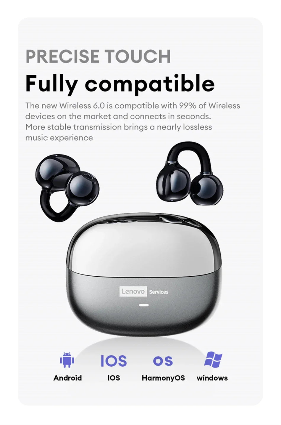 Lenovo LE302 Ear Clip Wireless Earphones - Bluetooth 6.0 | Active Noise Cancelling, HiFi Stereo, Waterproof Sport Headphones