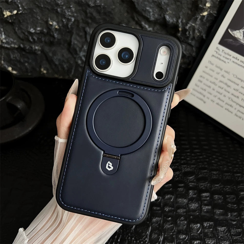 Luxury Magnetic Stand Ring Vegan Leather iPhone Case - MagSafe Compatible | Anti-Scratch Hollow Logo Cover for iPhone 12-17 Series