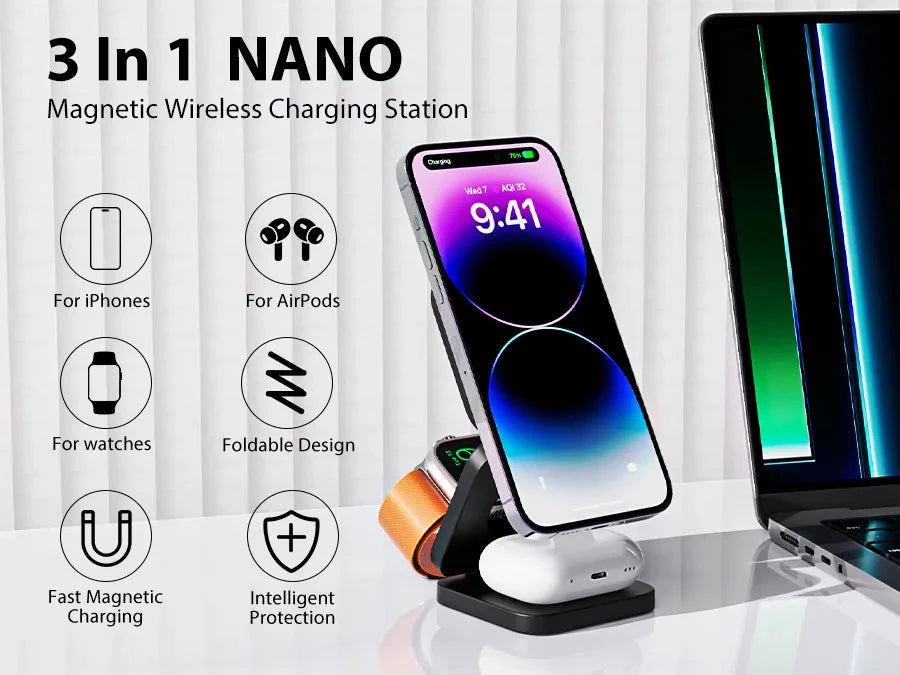 3 in 1 15W Fast Magnetic Wireless Charging Station for iPhone14 13 12 Pro/Max,Apple Watch, AirPods 3/2,Foldable Phone Hold -  by TechShopi - her, him, HomePage