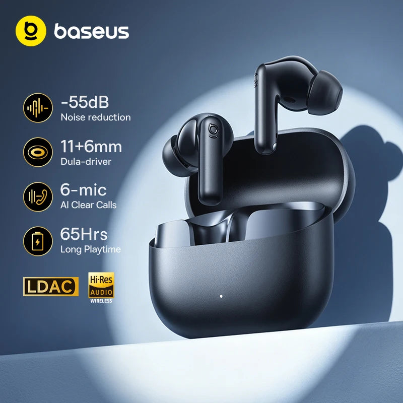 Baseus Bass EP10 Ultra ANC Earbuds - 55dB Noise Reduction, LDAC Hi-Res, Bluetooth 6.0 | 65H Battery, 6-Mic AI ENC, Powerful Bass, Waterproof TWS