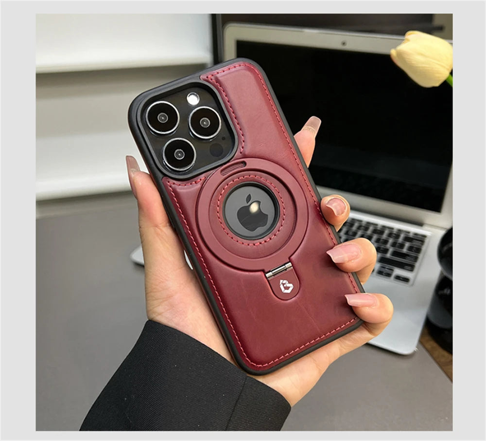 Luxury Magnetic Stand Ring Vegan Leather iPhone Case - MagSafe Compatible | Anti-Scratch Hollow Logo Cover for iPhone 12-17 Series