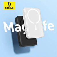 Baseus wireless charging devices on a light blue background with 'MagSafe' text.