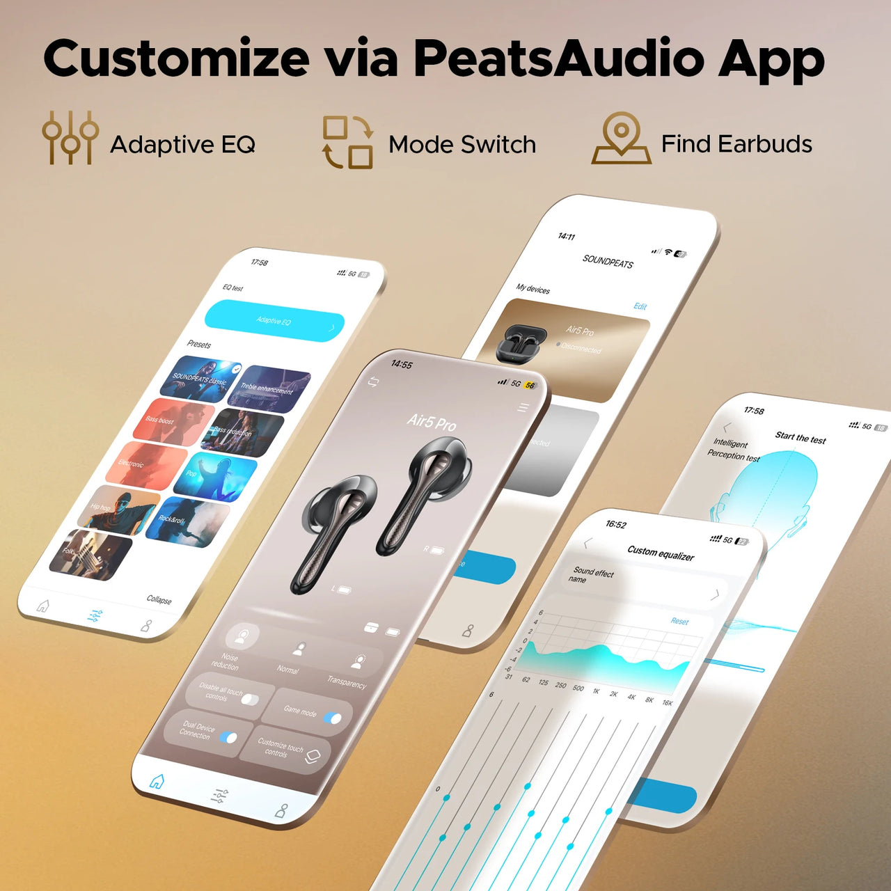 SOUNDPEATS Air5 Pro ANC Earbuds - 55dB Adaptive ANC, LDAC + aptX Lossless, Bluetooth 5.4 | 6-Mic AI ENC, 3D Spatial Audio, Hi-Res TWS