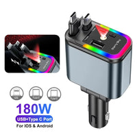 4-in-1 PD30W Car Fast Charger with Retractable Cables - USB Type-C Power Adapter | 120W Max with Roof Starlight for iOS & Android