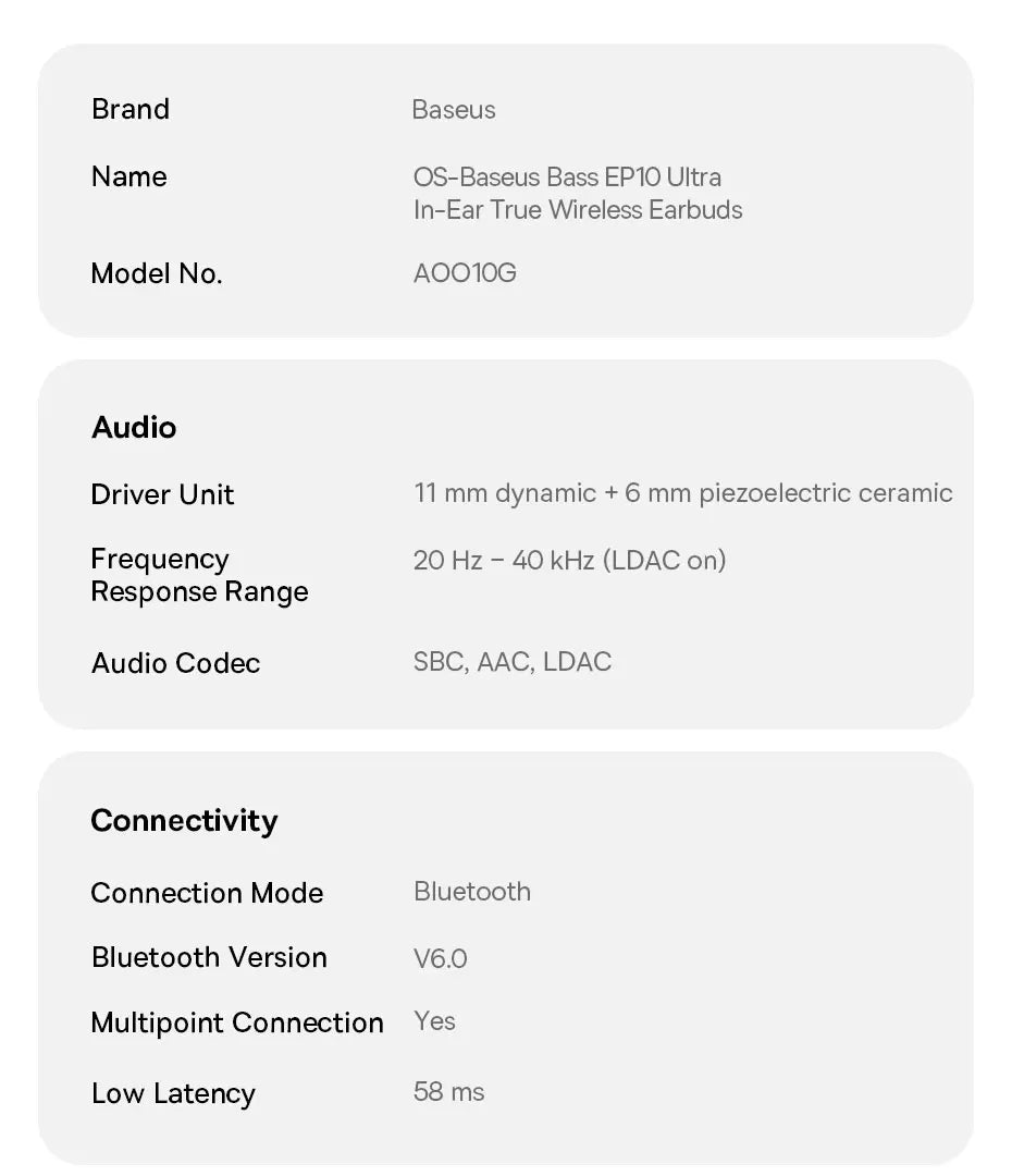 Baseus Bass EP10 Ultra ANC Earbuds - 55dB Noise Reduction, LDAC Hi-Res, Bluetooth 6.0 | 65H Battery, 6-Mic AI ENC, Powerful Bass, Waterproof TWS