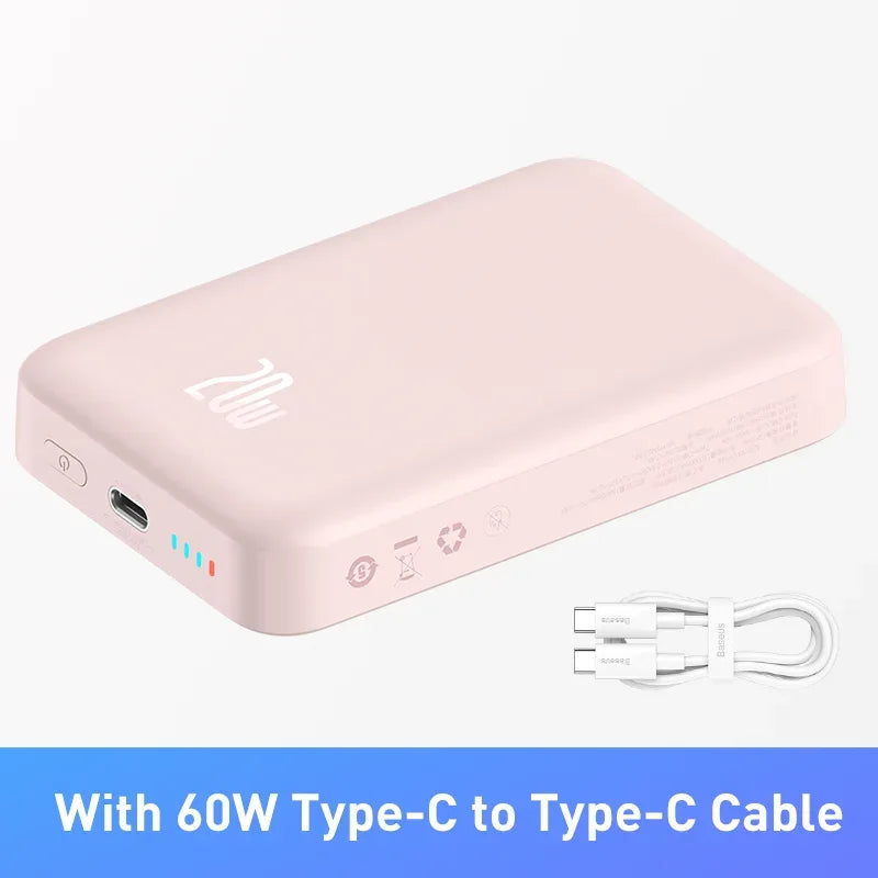 Pink power bank with 60W Type-C to Type-C cable on a white background