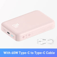Pink power bank with 60W Type-C to Type-C cable on a white background