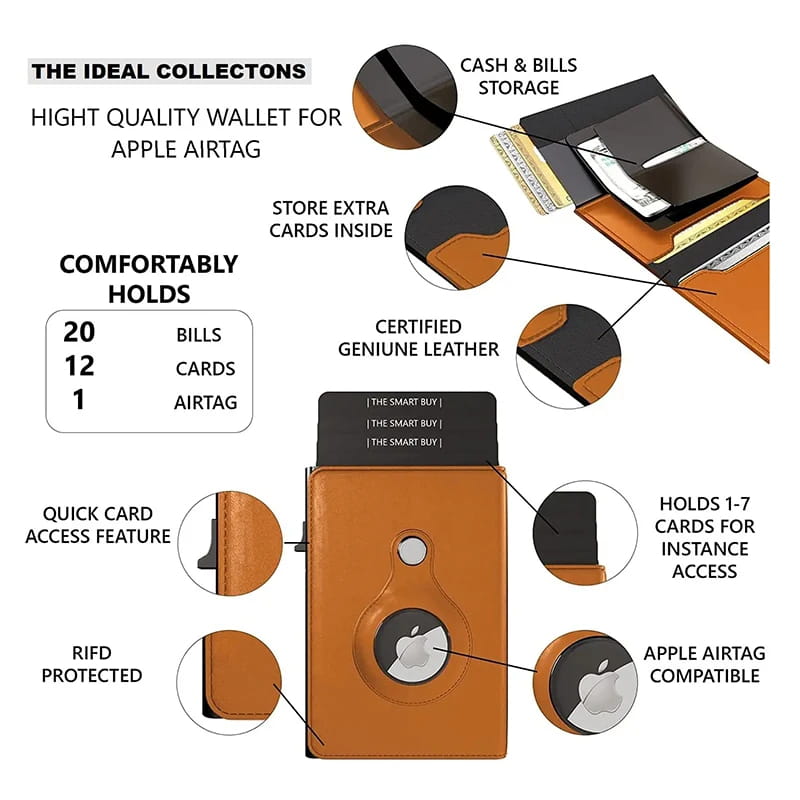 Premium Leather & Aluminum RFID-Blocking AirTag Wallet