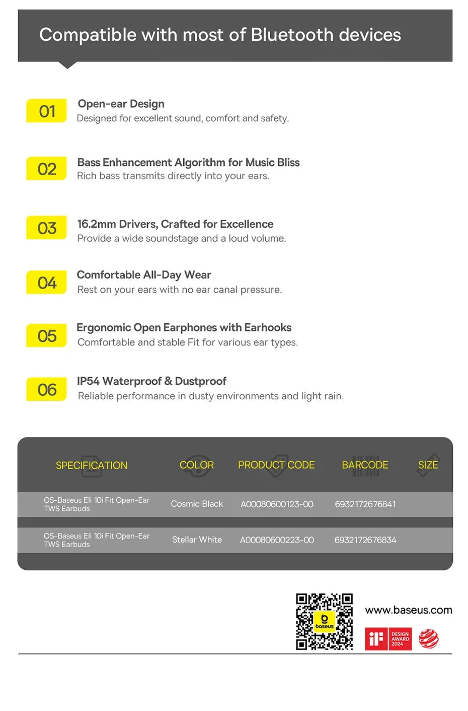 Baseus Eli 10i Fit Open-Ear Air Conduction Earphones - Bluetooth 5.4 | 45Hr Battery, IP54 Waterproof, Dual Connection Sport Earbuds