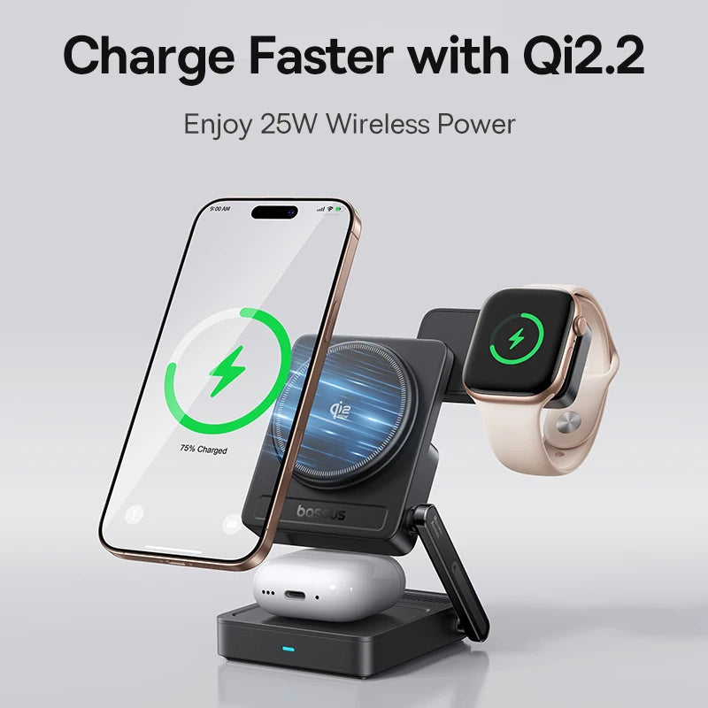 Baseus Qi2.2 3-in-1 Magnetic Wireless Charger - Charge iPhone + Apple Watch + AirPods Together | 25W Fast Charging, No Cable Mess