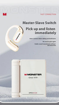 Monster brand earbud and switch with text on a gray background