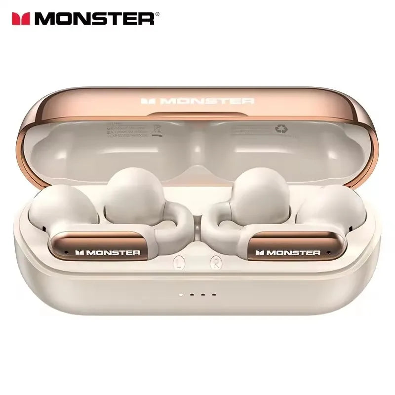 Monster wireless earbuds in a charging case on a white background