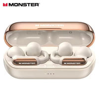 Monster wireless earbuds in a charging case on a white background