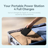 Portable power station being placed into an open suitcase with text about charging capabilities.