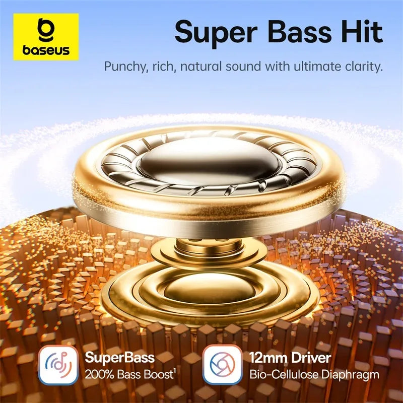Baseus Super Bass Hit speaker driver with branding and product features on a blue background