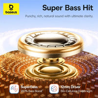 Baseus Super Bass Hit speaker driver with branding and product features on a blue background