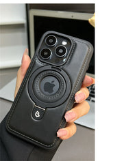 Luxury Magnetic Stand Ring Vegan Leather iPhone Case - MagSafe Compatible | Anti-Scratch Hollow Logo Cover for iPhone 12-17 Series