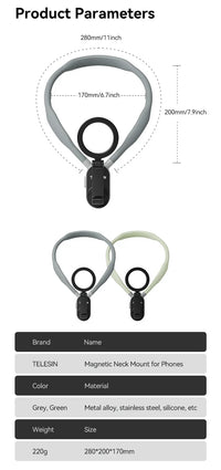TELESIN Silicone Magnetic Quick-Release Neck Mount - Hands-Free Phone Holder for iPhone 15 14 13 12 11, Samsung, Universal Smartphones
