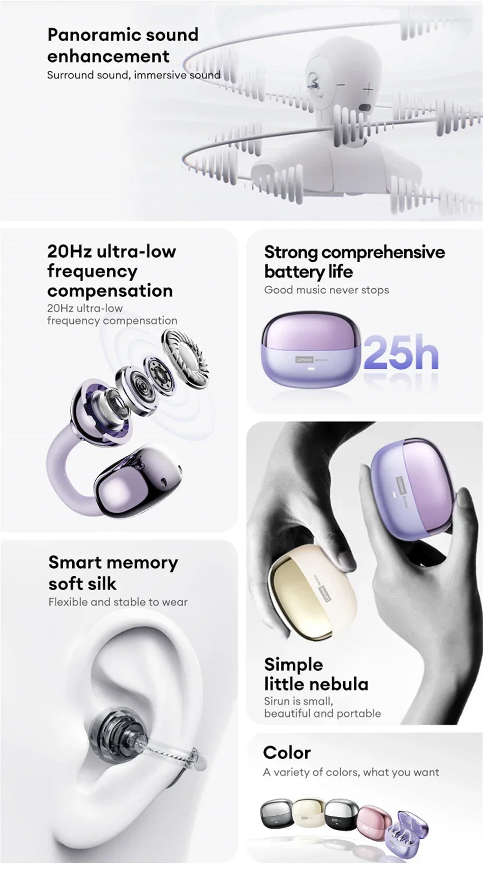 Lenovo LE302 Ear Clip Wireless Earphones - Bluetooth 6.0 | Active Noise Cancelling, HiFi Stereo, Waterproof Sport Headphones