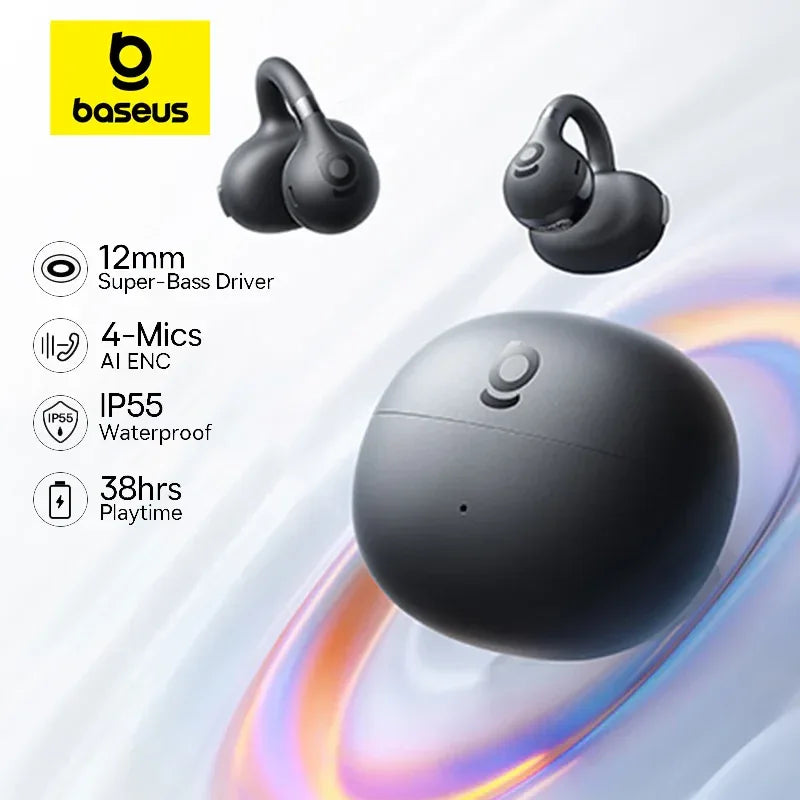 Baseus wireless earbuds with charging case on a white background