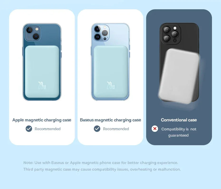 Comparison of Apple magnetic charging case, Baseus magnetic charging case, and conventional case on a light blue background.