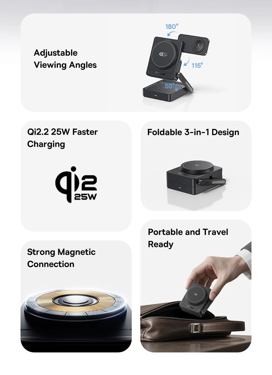 Baseus Qi2.2 3-in-1 Magnetic Wireless Charger - Charge iPhone + Apple Watch + AirPods Together | 25W Fast Charging, No Cable Mess