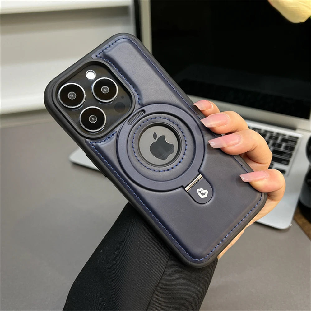 Luxury Magnetic Stand Ring Vegan Leather iPhone Case - MagSafe Compatible | Anti-Scratch Hollow Logo Cover for iPhone 12-17 Series