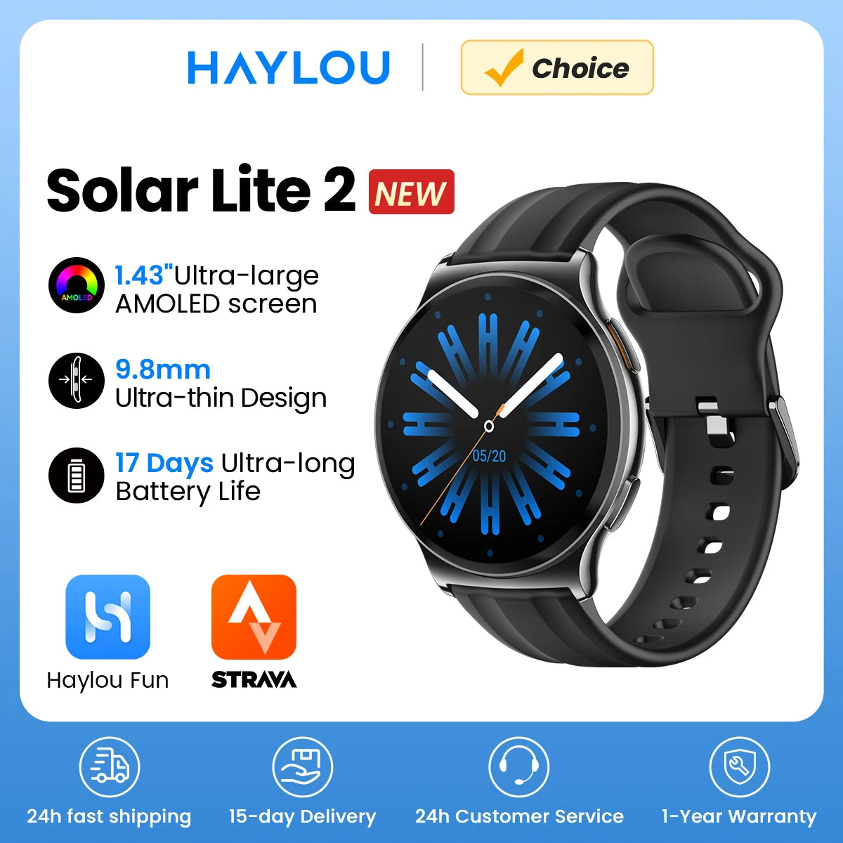HAYLOU Solar Lite 2 Smartwatch – 1.43" AMOLED, 17-Day Battery, 150+ Sports Modes, Voice Calling | 1ATM