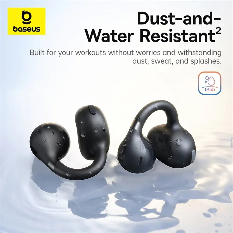 Black wireless earbuds with water resistance feature on a light background, featuring the Baseus brand.