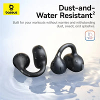 Black wireless earbuds with water resistance feature on a light background, featuring the Baseus brand.