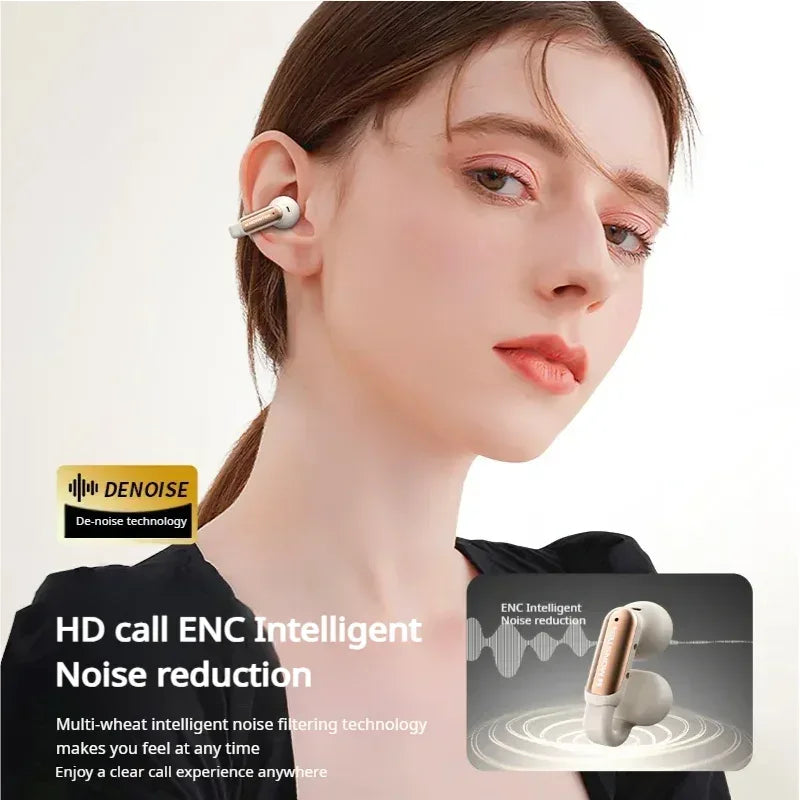 Woman wearing wireless earbuds with 'Denoise' technology label and product packaging.