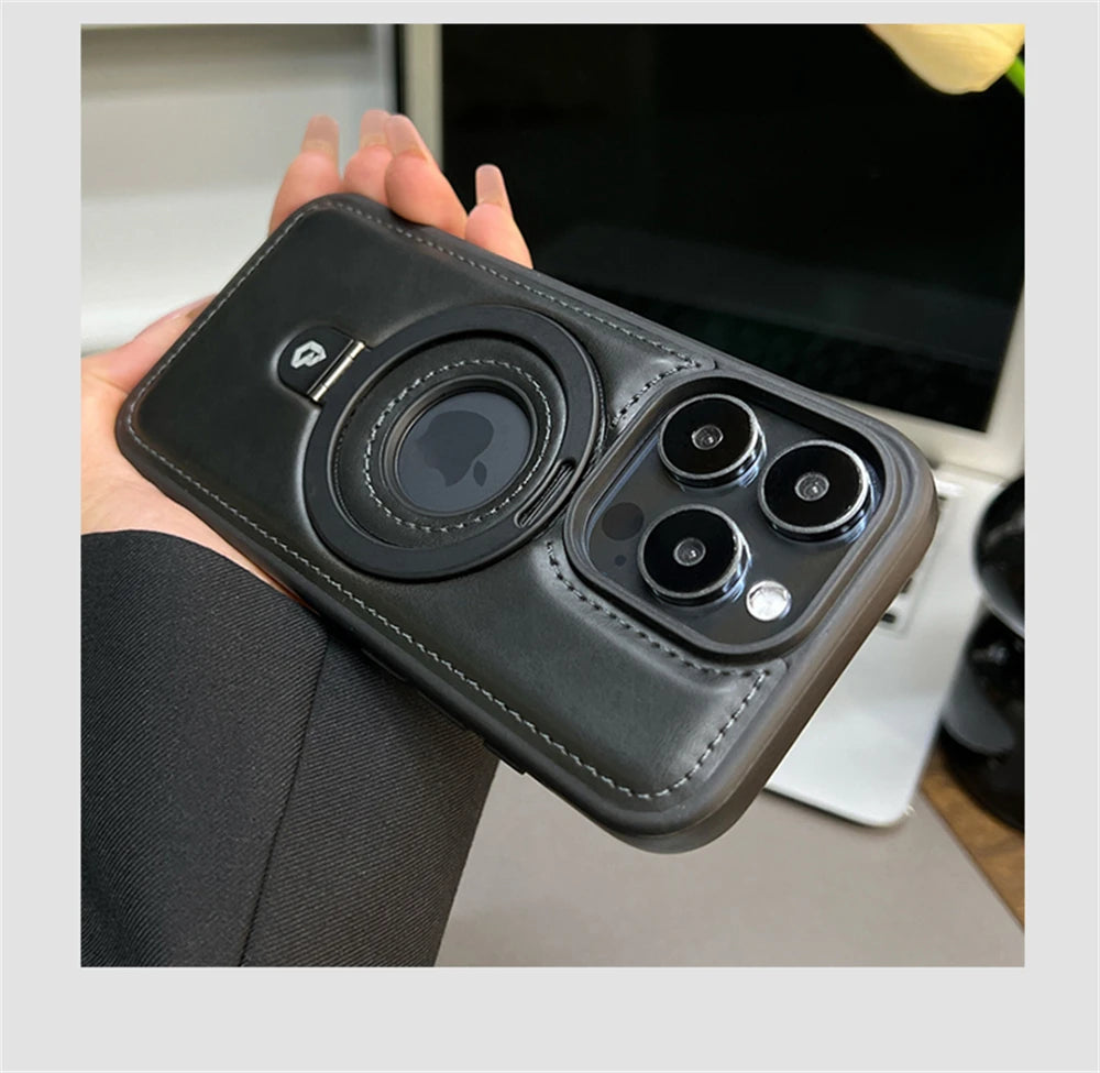 Luxury Magnetic Stand Ring Vegan Leather iPhone Case - MagSafe Compatible | Anti-Scratch Hollow Logo Cover for iPhone 12-17 Series