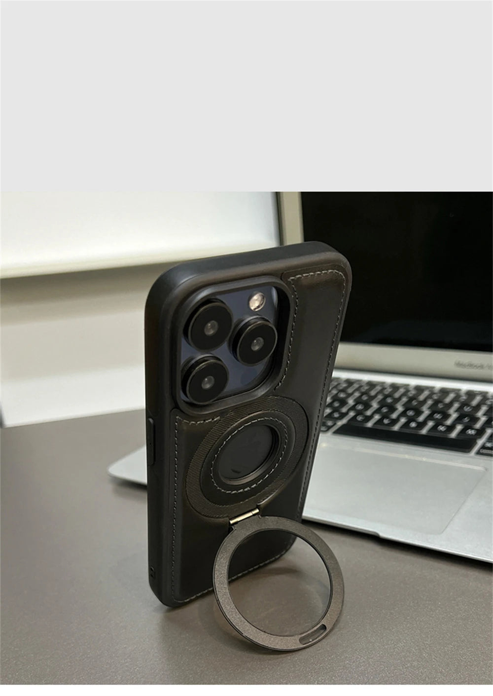 Luxury Magnetic Stand Ring Vegan Leather iPhone Case - MagSafe Compatible | Anti-Scratch Hollow Logo Cover for iPhone 12-17 Series