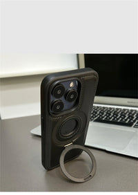Luxury Magnetic Stand Ring Vegan Leather iPhone Case - MagSafe Compatible | Anti-Scratch Hollow Logo Cover for iPhone 12-17 Series