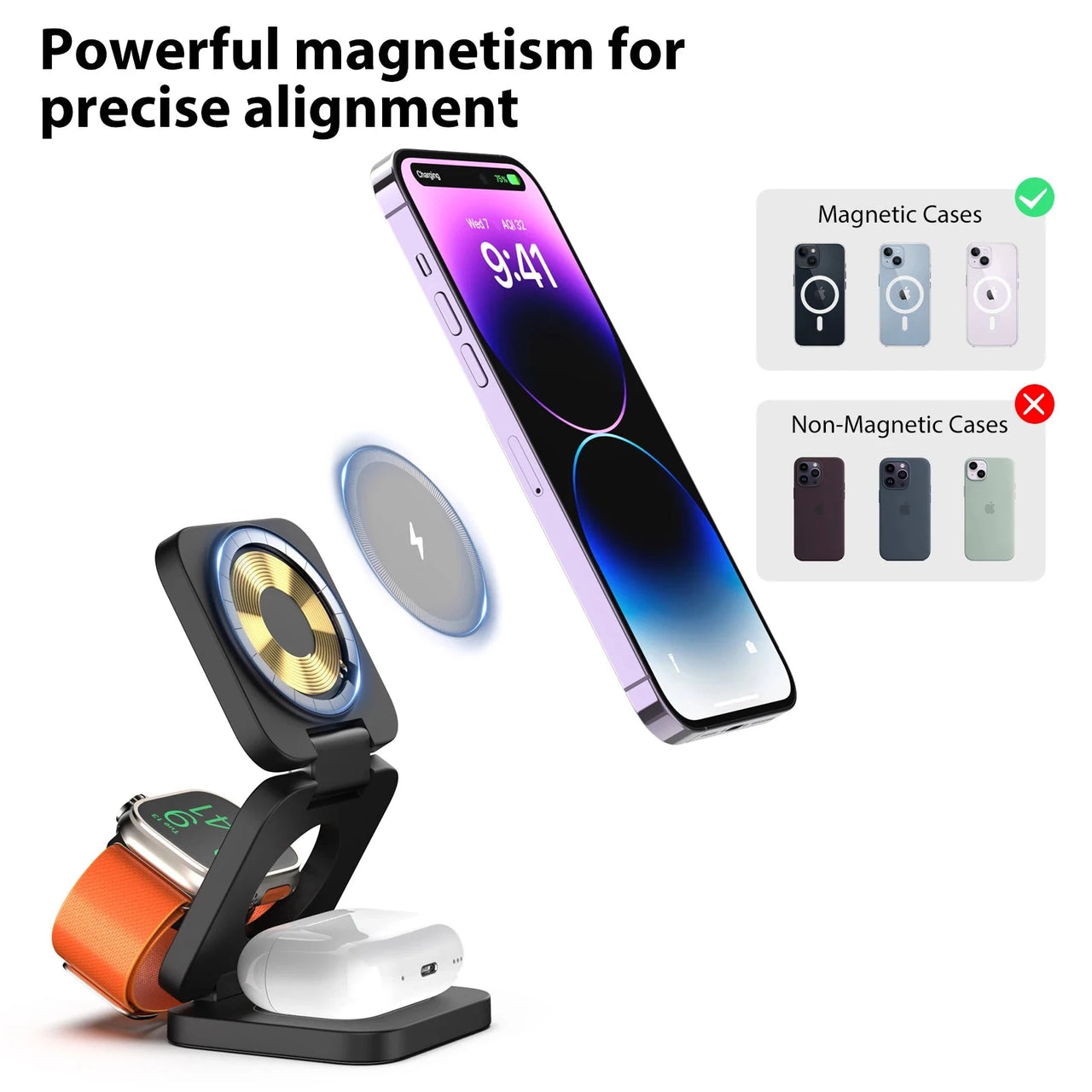 3 in 1 15W Fast Magnetic Wireless Charging Station for iPhone14 13 12 Pro/Max,Apple Watch, AirPods 3/2,Foldable Phone Hold -  by TechShopi - her, him, HomePage