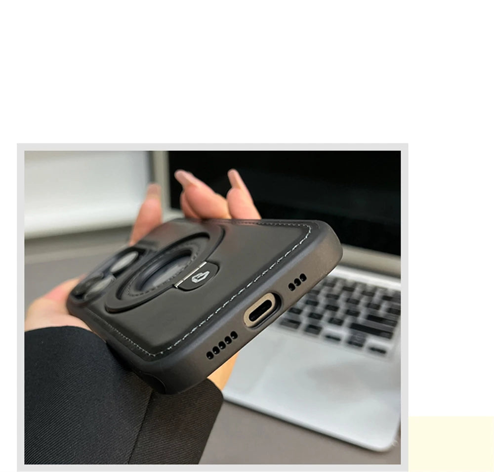 Luxury Magnetic Stand Ring Vegan Leather iPhone Case - MagSafe Compatible | Anti-Scratch Hollow Logo Cover for iPhone 12-17 Series