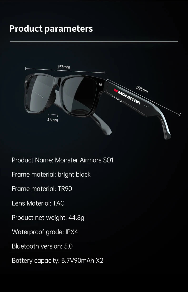 Monster Glasses S01 Bluetooth Audio Sunglasses - Wireless 5.0 Smart Eyeglasses | Open-Ear Music & Calling, Outdoor Sport, CE Certified