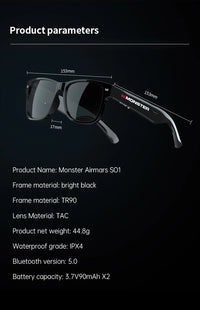 Monster Glasses S01 Bluetooth Audio Sunglasses - Wireless 5.0 Smart Eyeglasses | Open-Ear Music & Calling, Outdoor Sport, CE Certified