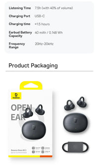 Baseus BC1 Open-Ear Clip Earbuds - Bluetooth 6.0 | 4-Mic ENC, 38Hr Battery, IP55 Waterproof, Super Bass Sport Earphones