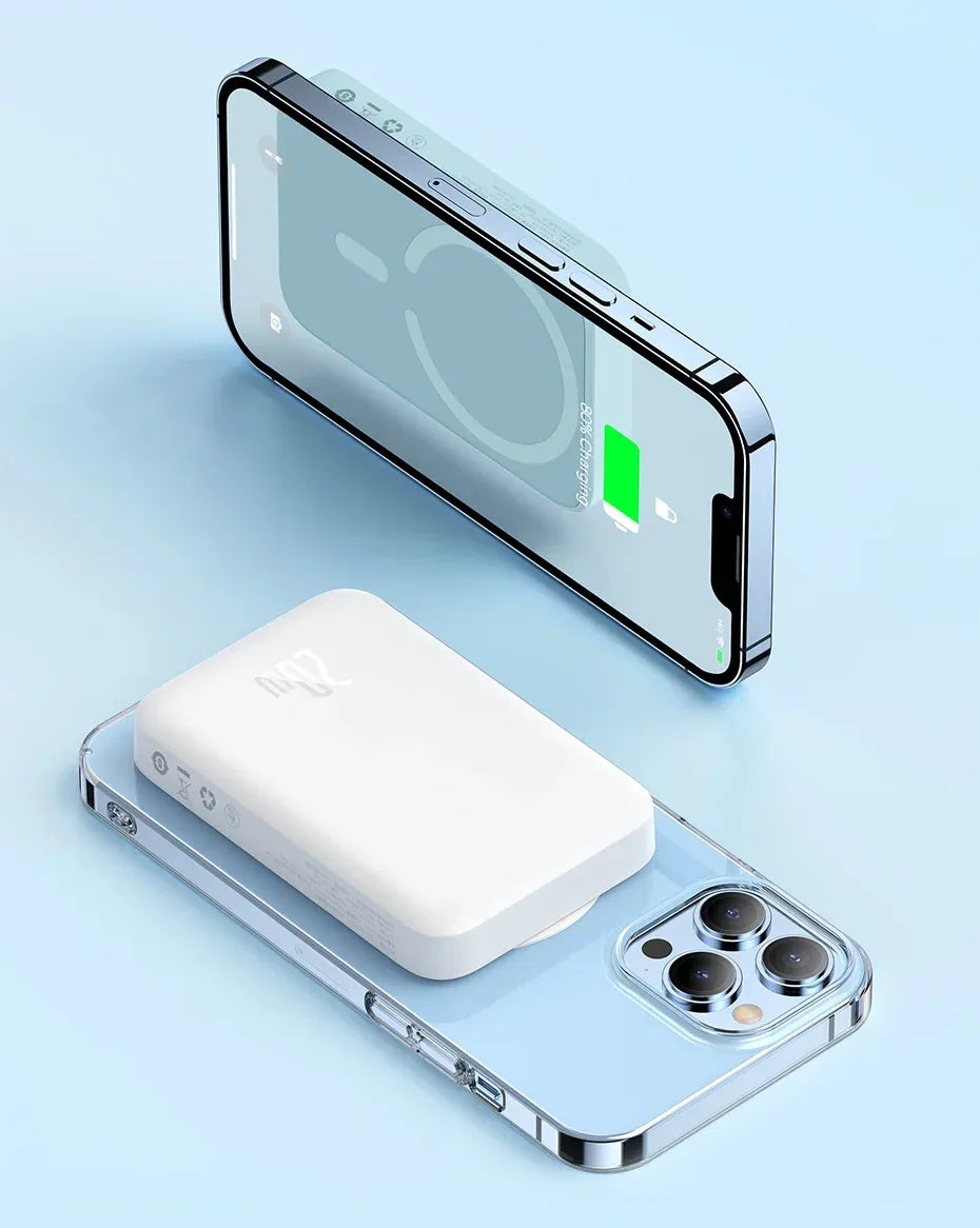 Smartphone with a power bank on a light blue background