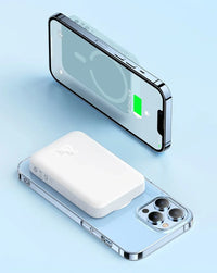 Smartphone with a power bank on a light blue background