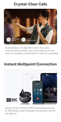 Baseus BC1 Open-Ear Clip Earbuds - Bluetooth 6.0 | 4-Mic ENC, 38Hr Battery, IP55 Waterproof, Super Bass Sport Earphones